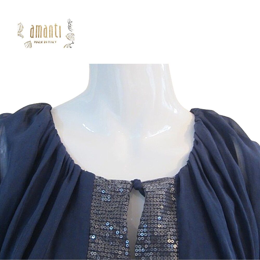 Amanti Italy NWT 100% Silk Sequin Dolman-Sleeve Navy Blouse S – Elegant Evening - Picture 6 of 12